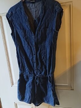 Express Blue Cap Sleeve Denim Romper with Drawstring